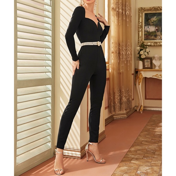 Black Long Sleeve Sweetheart Neckline Jumpsuit - Picture 6 of 7